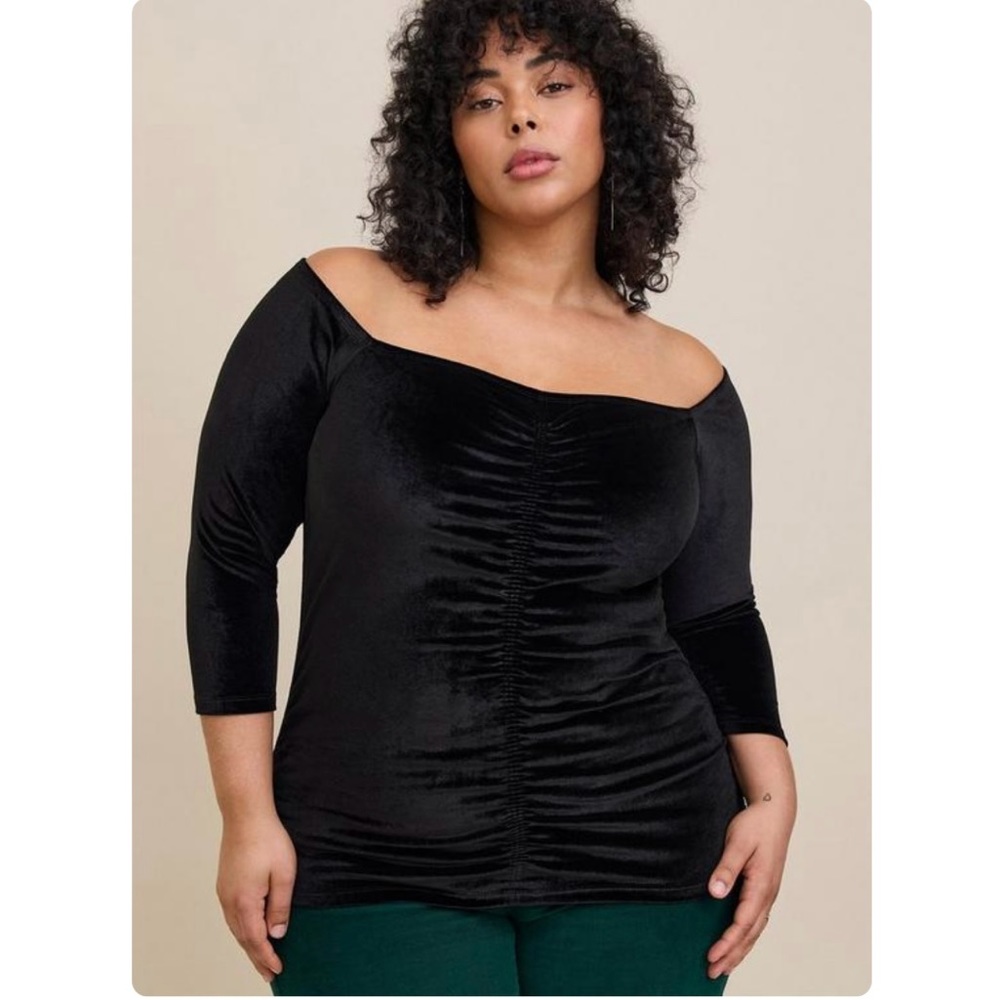 Black Stretch Velvet Shirred Front Off The Shoulder Top